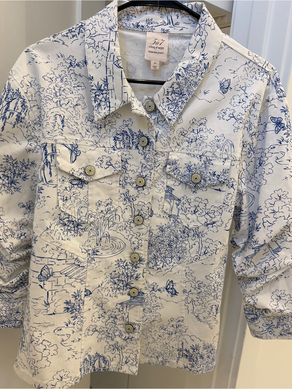 NEW Cinq A Sept Garden Toile Blue & White Button-Front Jacket size 10 Gorgeous!